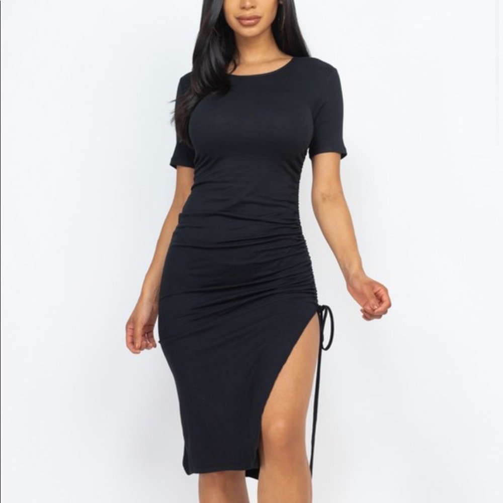 Black Slit Side Ruched Midi Dress - Picture 1 of 2